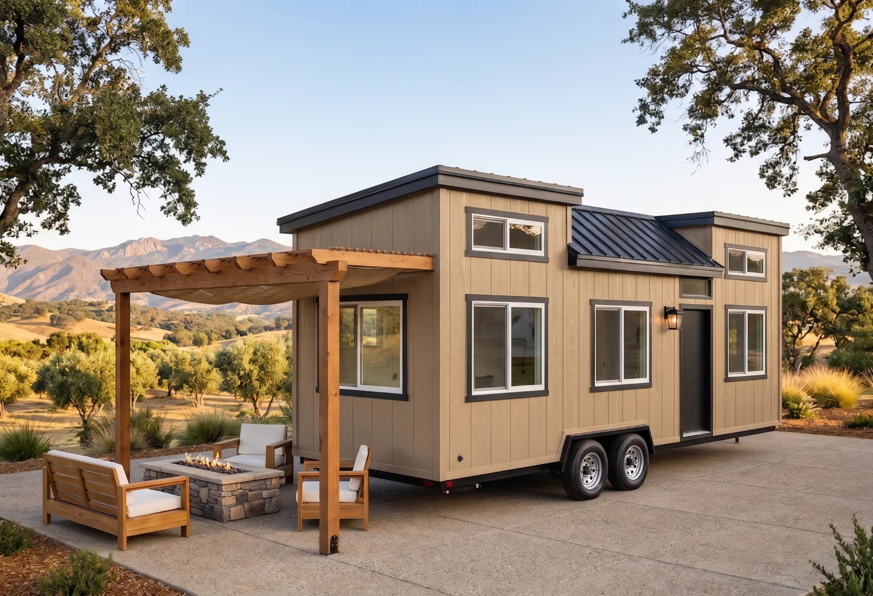 A sleek movable tiny house on wheels parked on a paved pad in a California residential backyard A sleek movable tiny house on wheels parked on a paved pad in a California residential backyard
