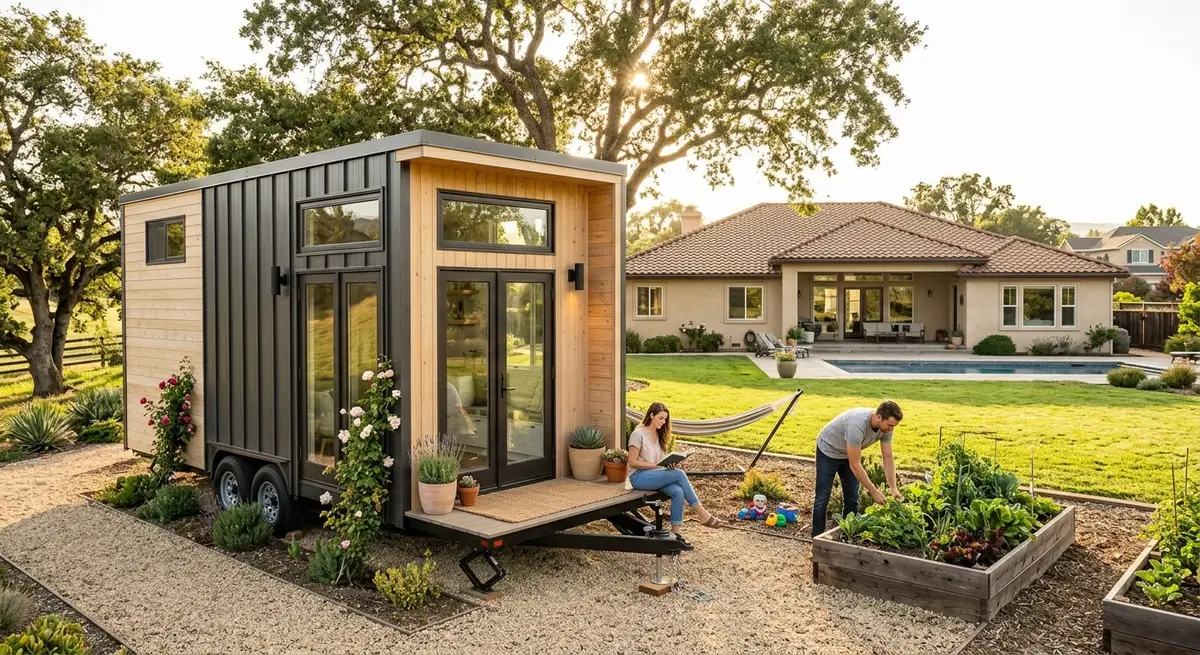 A modern tiny home on wheels with mixed wood and metal siding parked on a gravel path in a beautifully landscaped backyard next to a larger main house and rolling hills in the background. A modern tiny home on wheels with mixed wood and metal siding parked on a gravel path in a beautifully landscaped backyard next to a larger main house and rolling hills in the background.