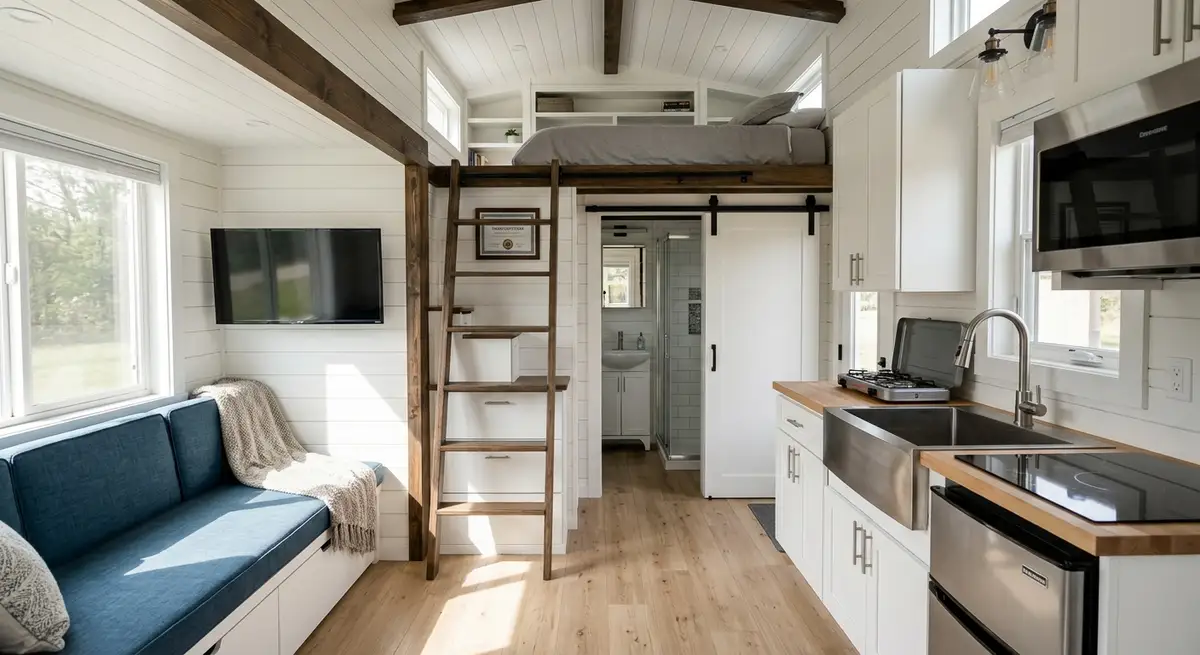 A candid photograph of the modern interior of a certified Tiny House on Wheels (THOW), showing a well-lit living space with a built-in sofa, a modern kitchen with high-end appliances, and storage stairs leading up to a cozy sleeping loft. A candid photograph of the modern interior of a certified Tiny House on Wheels (THOW), showing a well-lit living space with a built-in sofa, a modern kitchen with high-end appliances, and storage stairs leading up to a cozy sleeping loft.