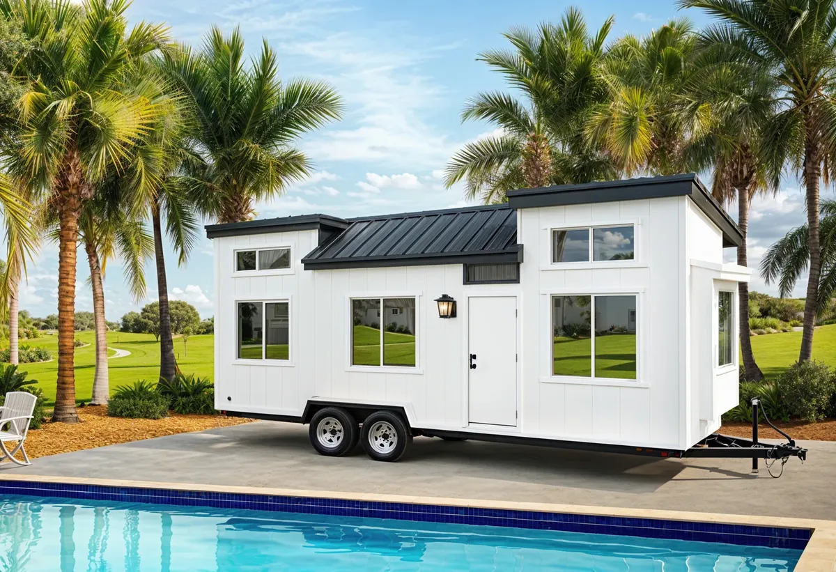 The Palisade model tiny home in California featuring modern exterior siding and custom finishes