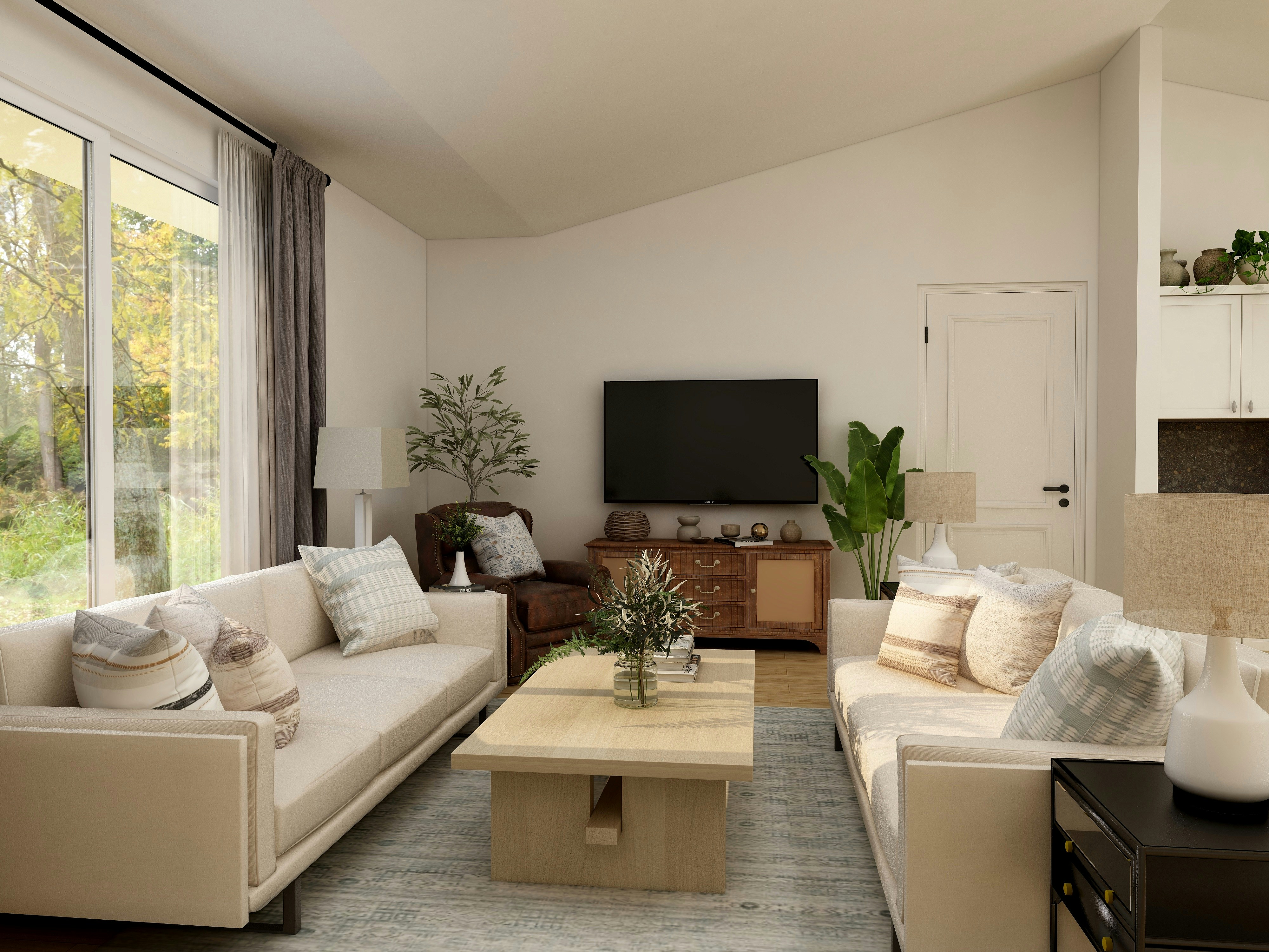Cozy tiny home living room and kitchen interior in California