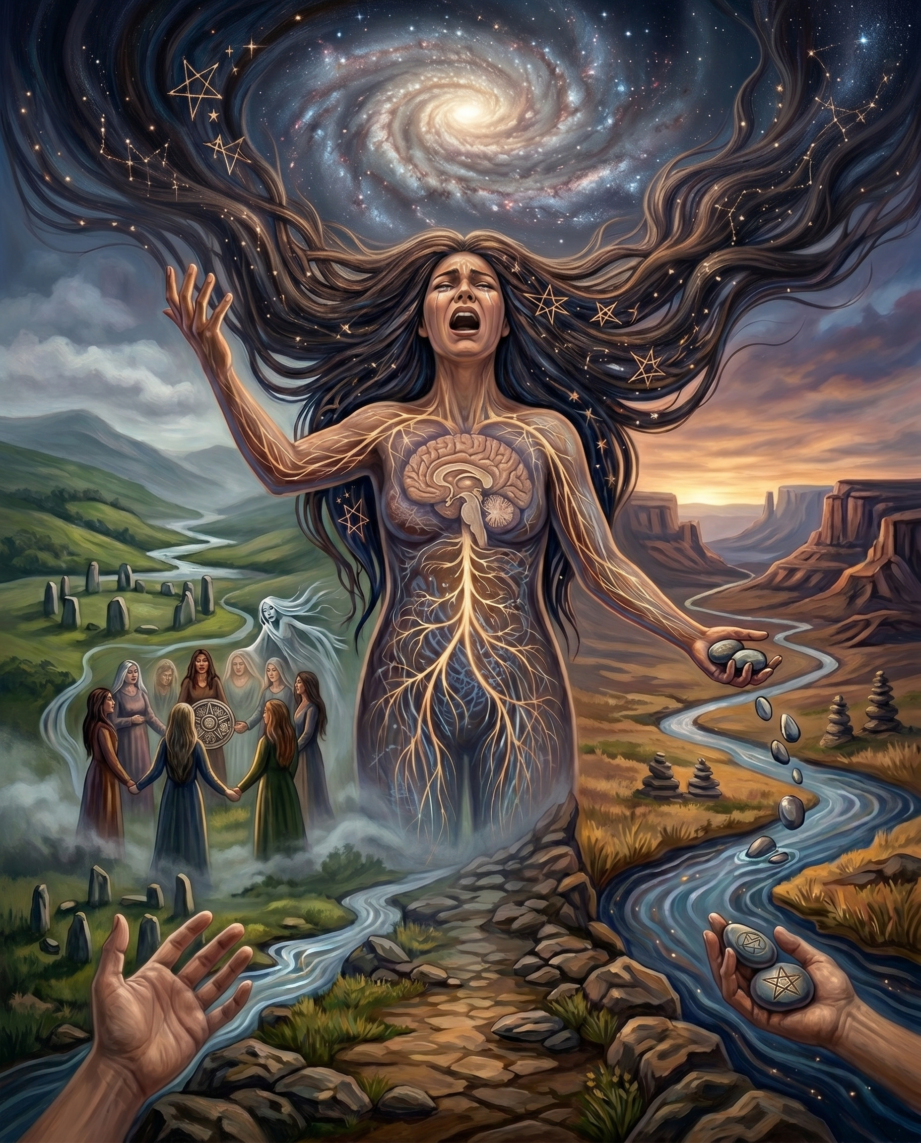 A woman keening with the vagus nerve illuminated in gold, Celtic landscape on the left and Lakota landscape on the right, cosmic hair merging into stars
