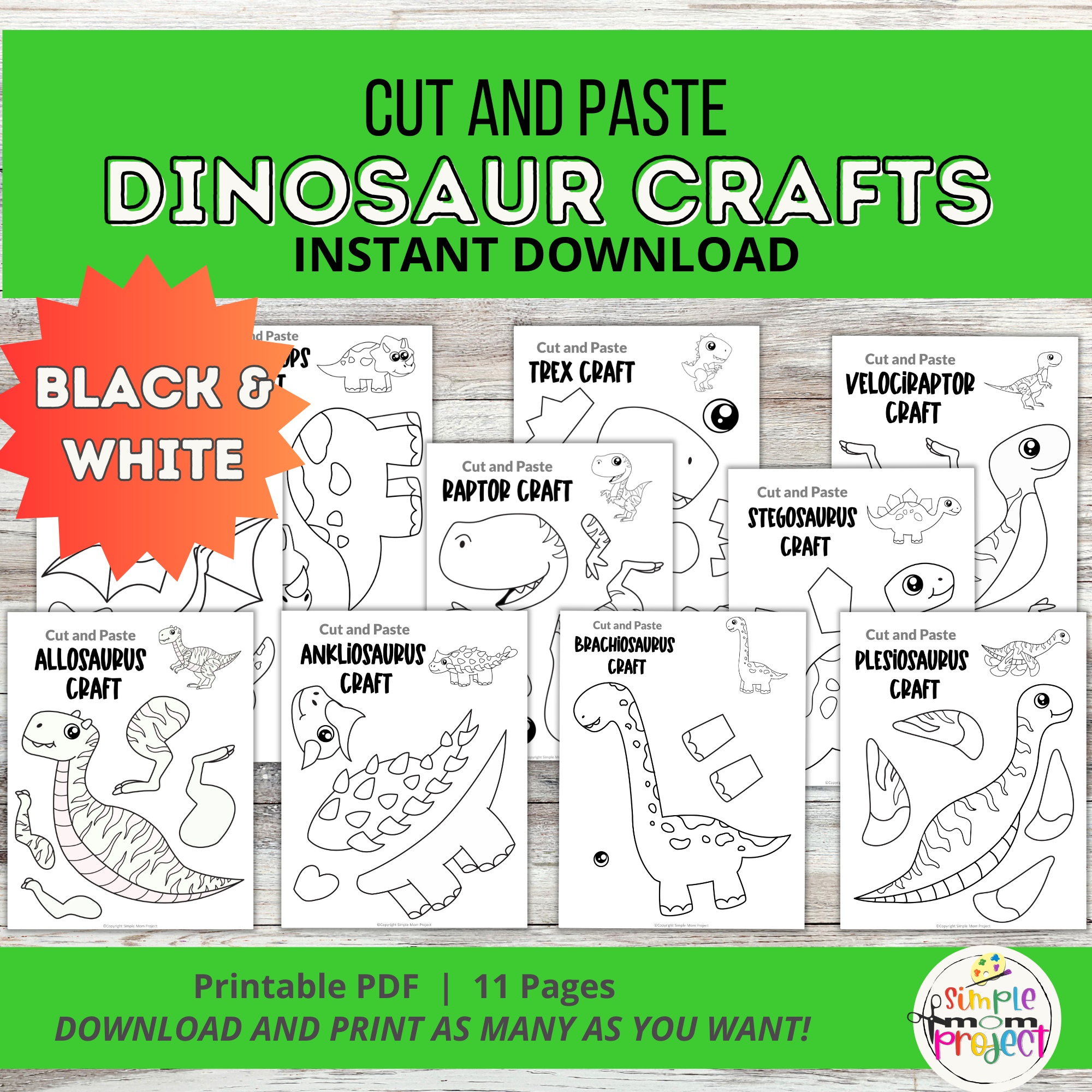 10-black-and-white-dinosaur-cut-and-paste-craft-templates