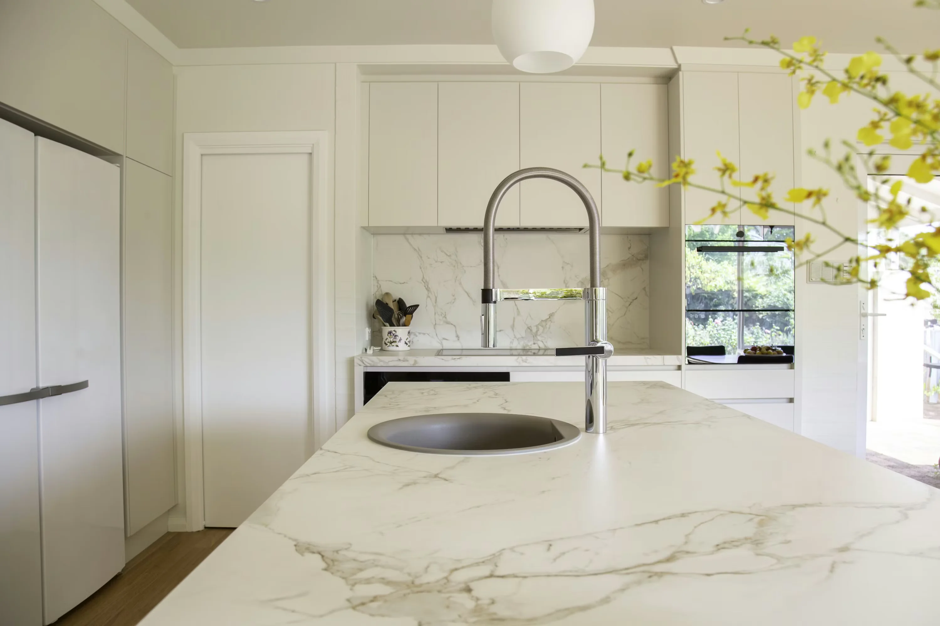White marble bathroom vanity countertop in Houston Texas home