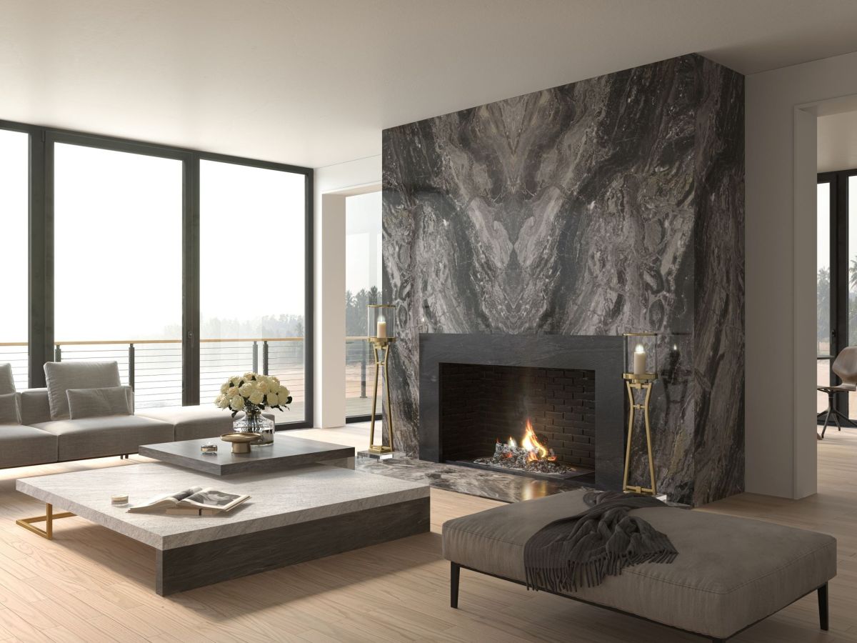 Custom stone fireplace wall and mantle installed in Houston Texas home by Fabulous Granite and Marble