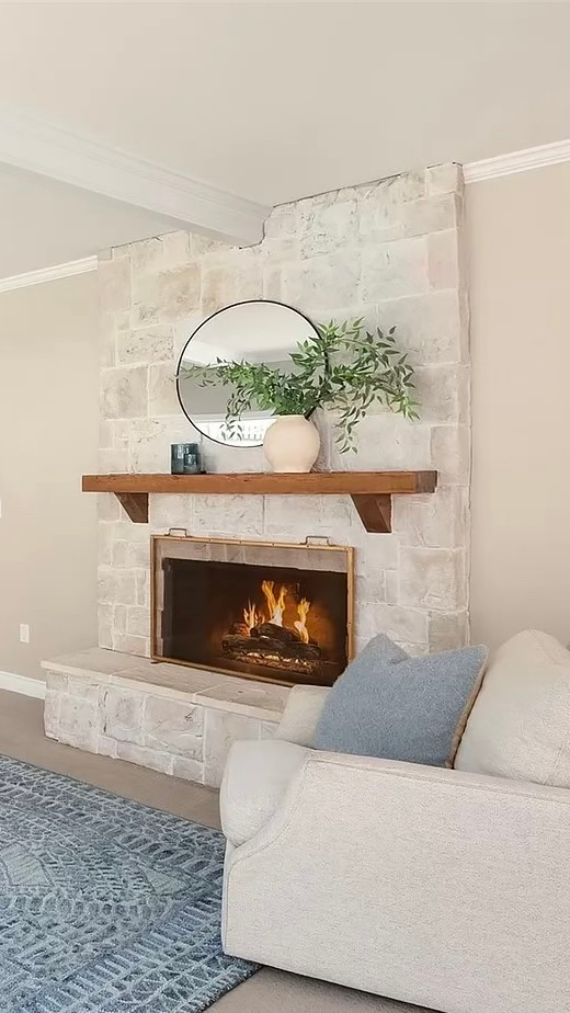 Natural quartzite stone fireplace wall Houston Texas home