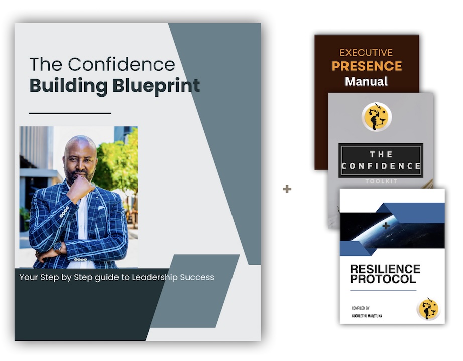 The Confidence Building Blueprint bundle: the main guide plus three bonus resources, on the brand background.