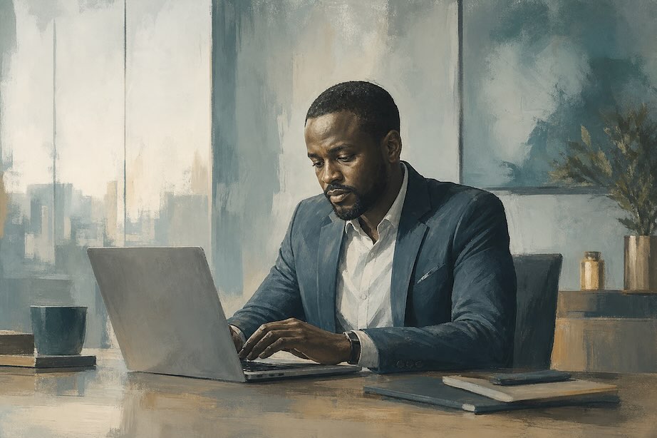 A manager alone at a desk re-sending a follow-up message, calm but tired.