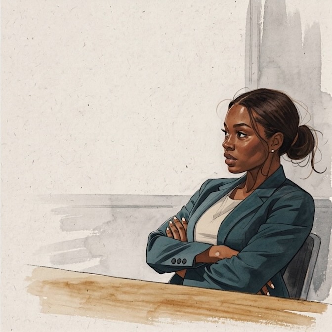 A composed manager seated with arms crossed in a meeting, calm and self-assured.