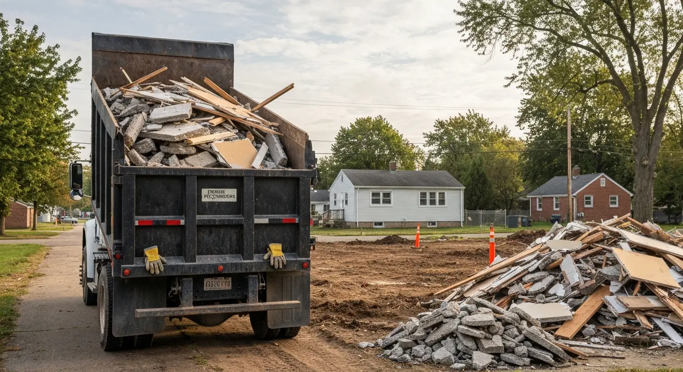 Dump truck removing debris from construction site