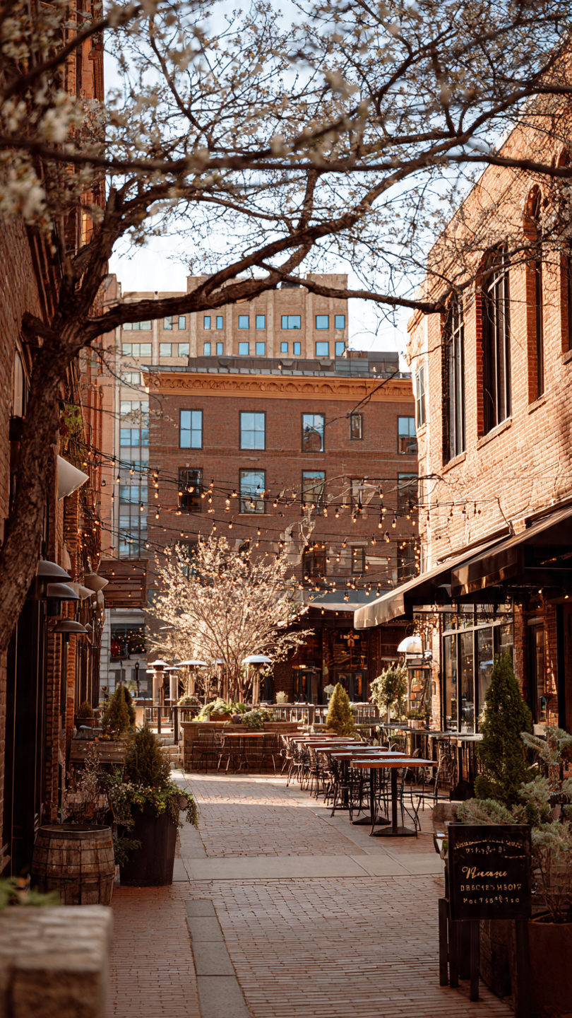 Springtime in downtown Indianapolis with blooming trees and outdoor patios