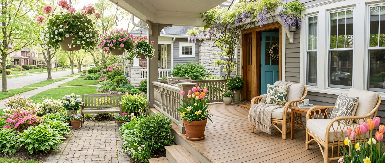 Springtime front porch with blooming flowers and sunshine, representing a cozy Indianapolis getaway