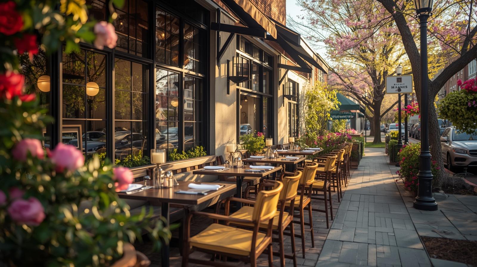 Sunny outdoor patio dining scene with spring greenery, representing the local charm of an Indianapolis getaway