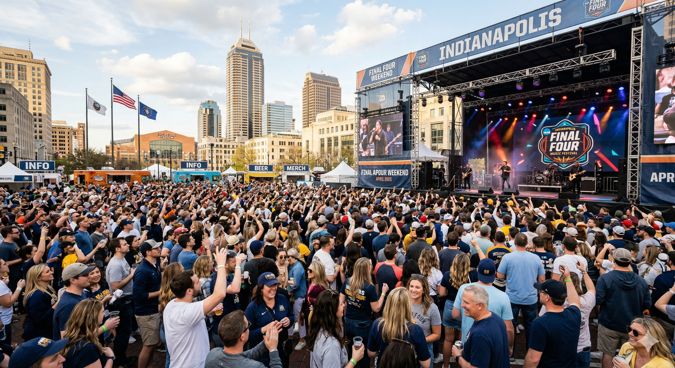 Crowds gather in downtown Indianapolis for a Final Four weekend concert and fan festival.