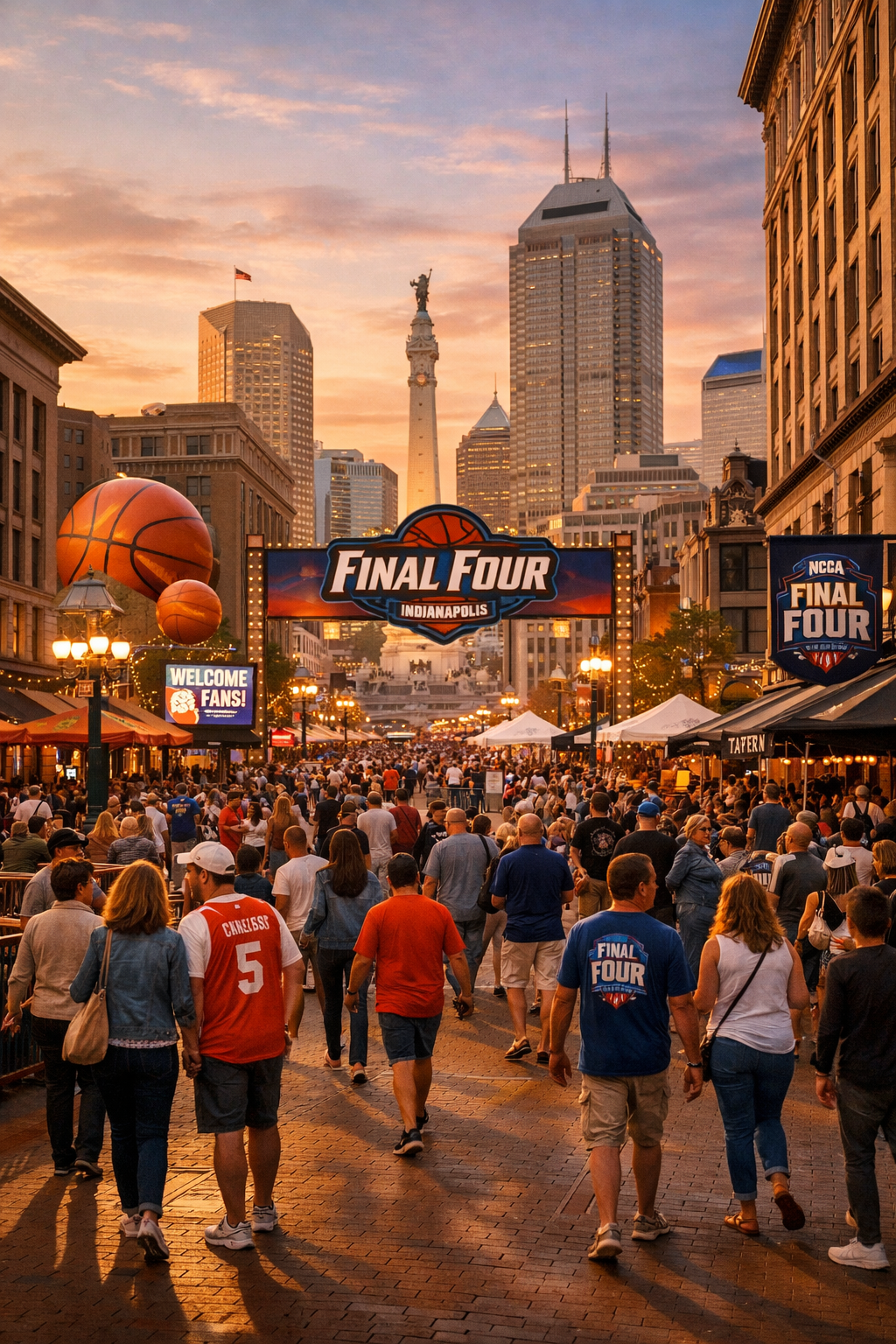 Fans walk through downtown Indianapolis at sunset during Final Four weekend festivities.