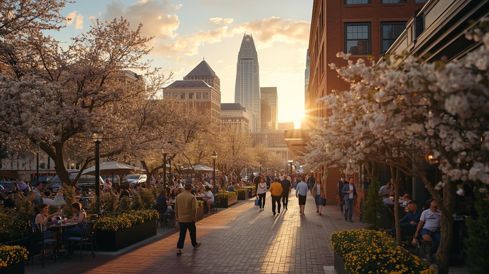 Downtown Indianapolis in spring with a lively championship weekend atmosphere, warm evening light, and people enjoying the city
