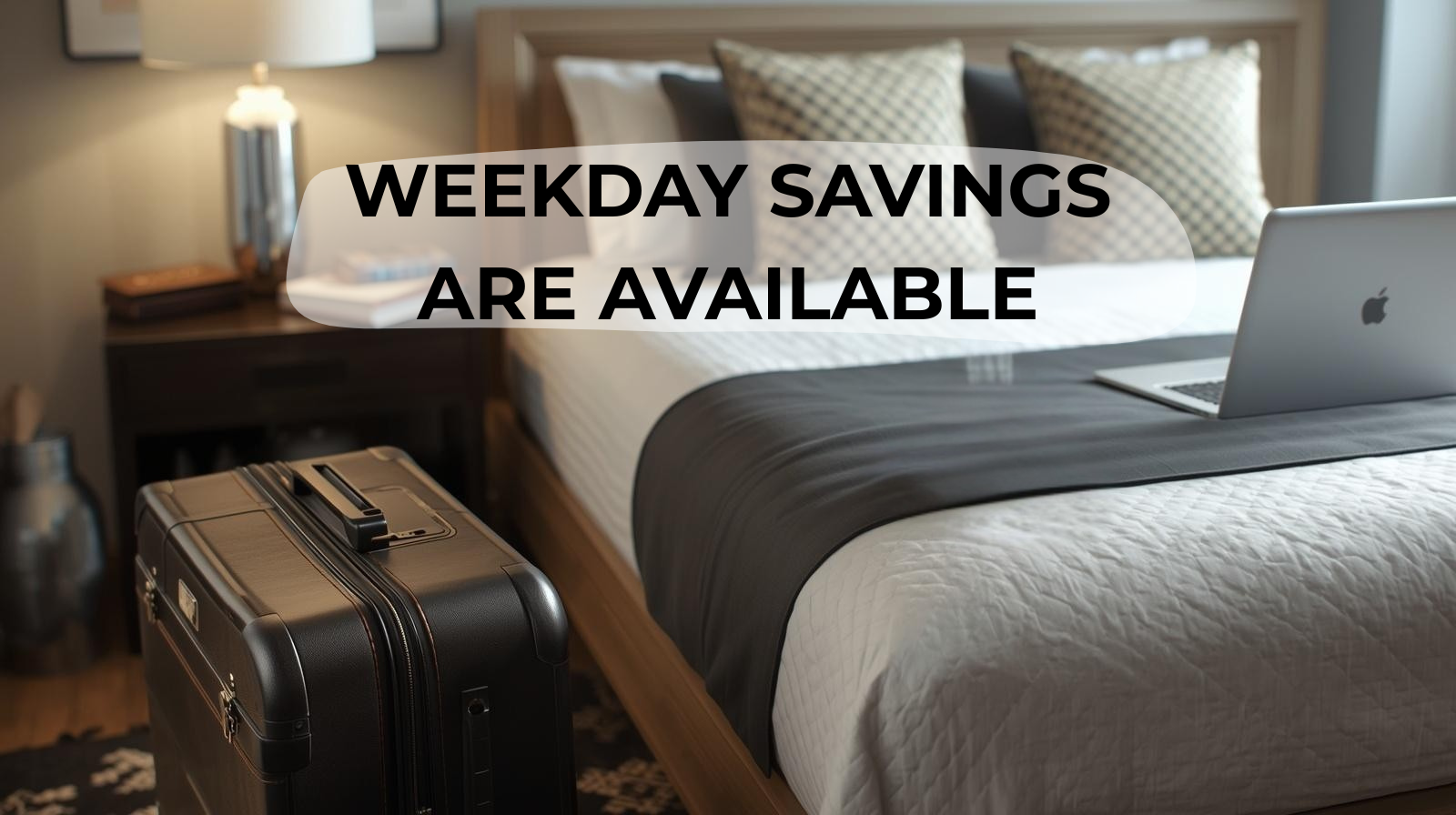 Weekday savings available for an Indianapolis short-term rental stay with a cozy bedroom, suitcase, and laptop.