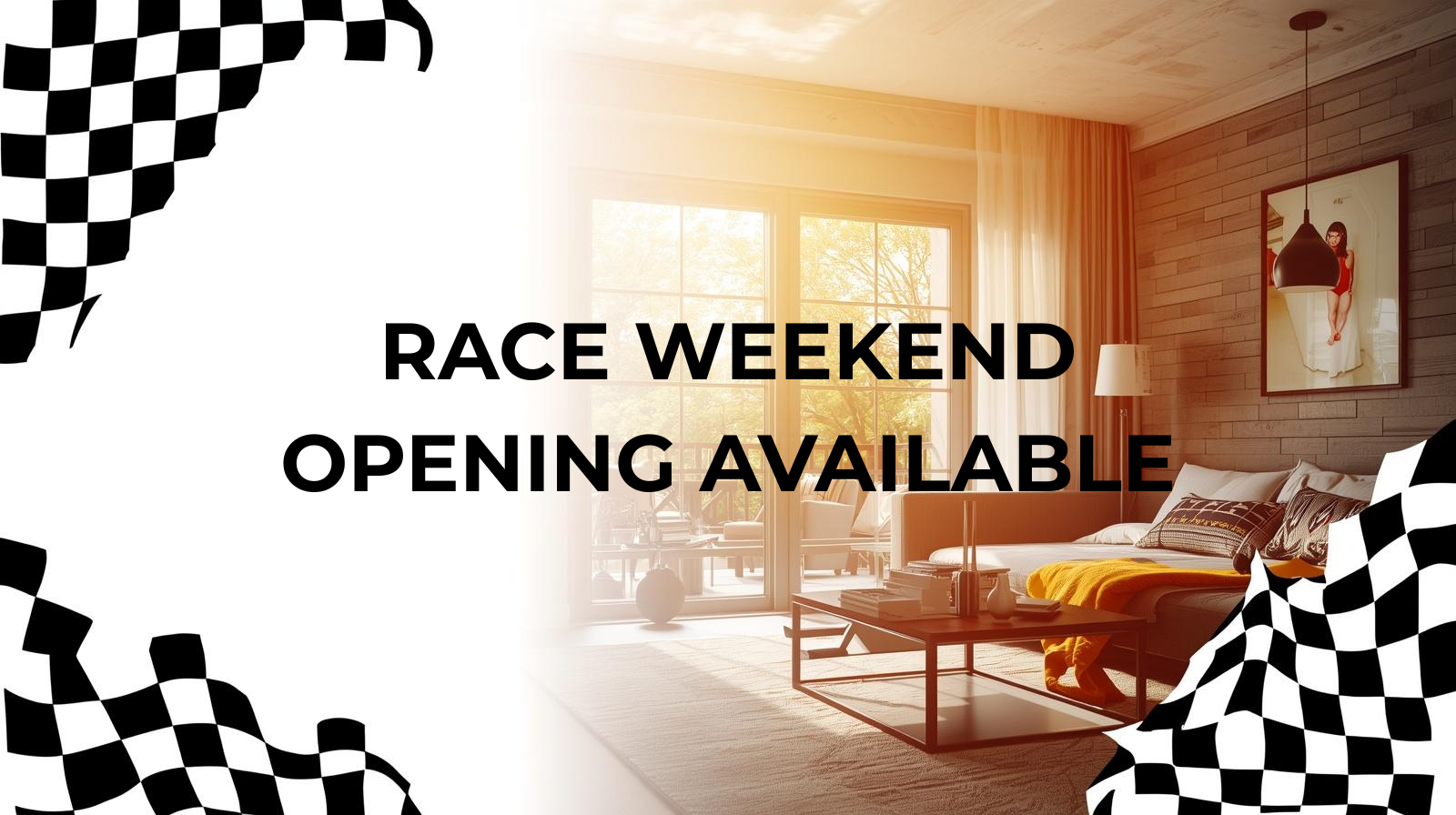 Race weekend opening available for a short-term rental stay in Indianapolis with checkered flag graphics and a cozy home interior.