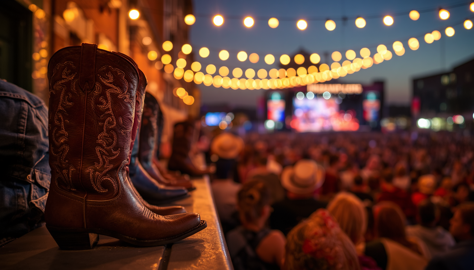 Cowboy boots and string lights overlooking a country concert crowd during a big country music weekend near Lucas Oil Stadium in Indianapolis.
