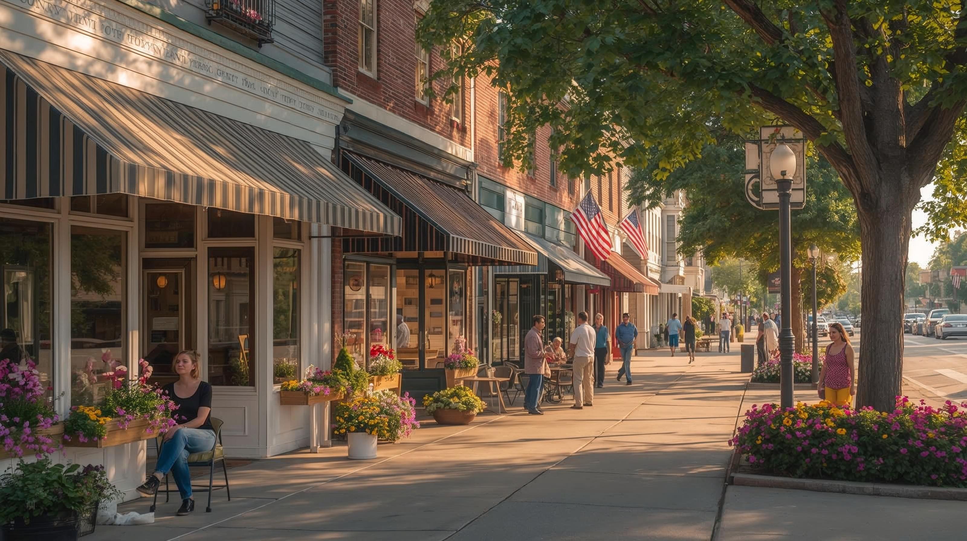 Charming Indiana small-town street with local shops, flowers, and visitors enjoying a sunny weekend afternoon.
