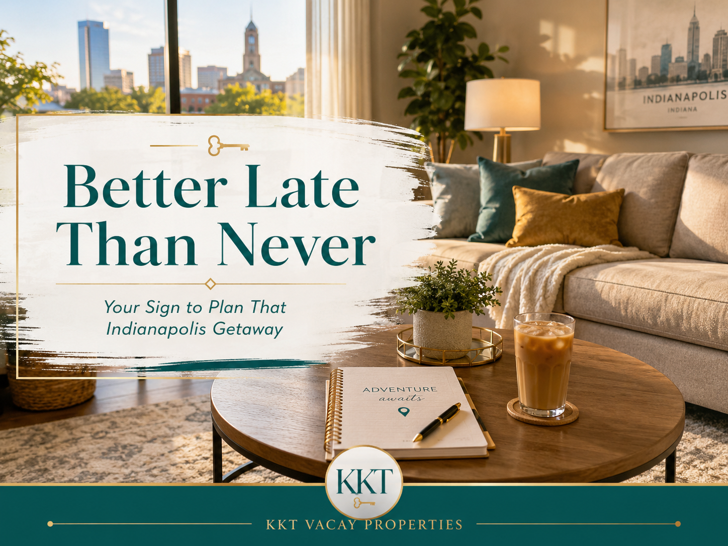 Cozy Indianapolis short-term rental living room with KKT Vacay Properties branding and text reading Better Late Than Never, Your Sign to Plan That Indianapolis Getaway.