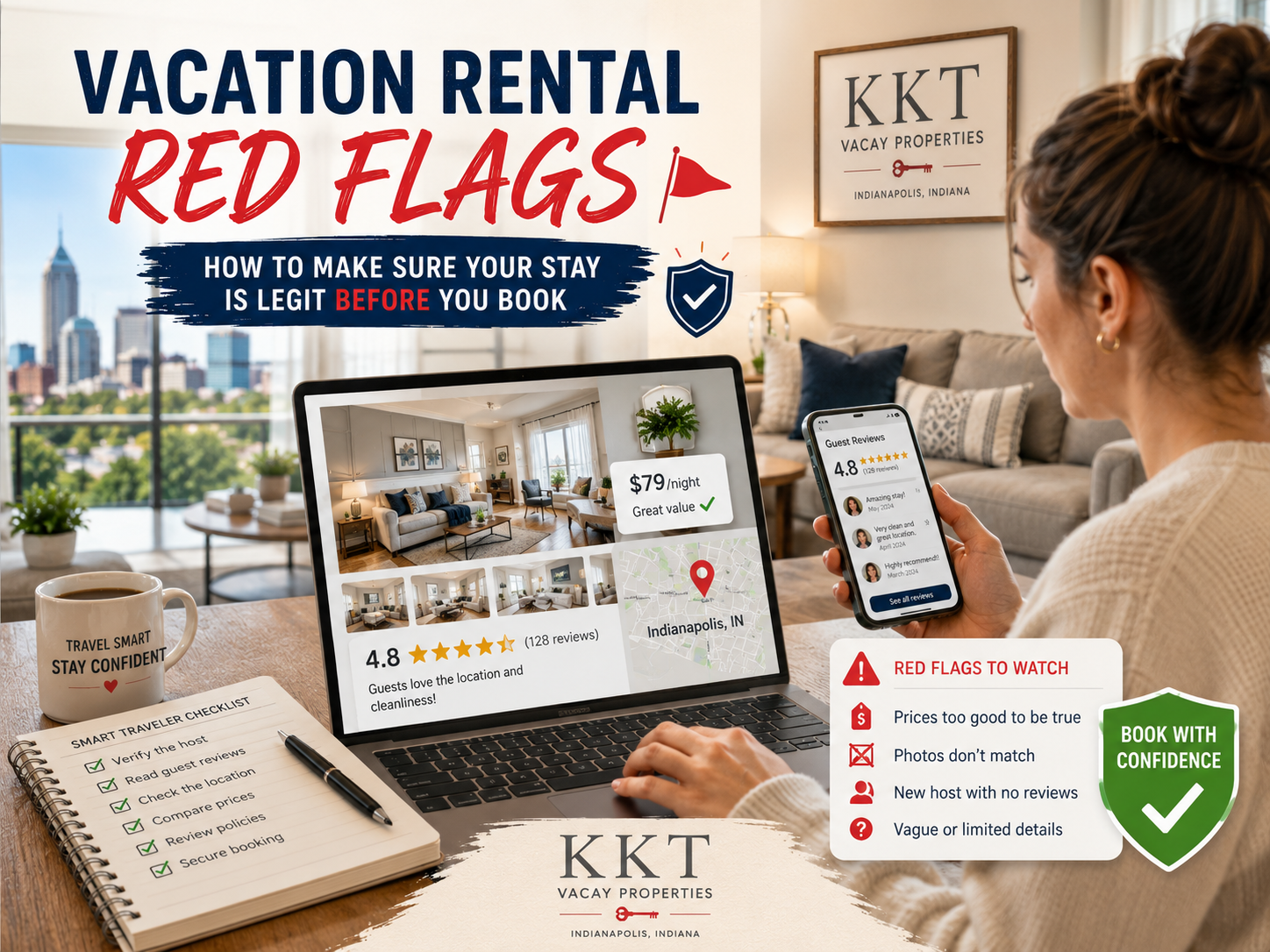 Traveler reviewing a vacation rental listing, guest reviews, and booking checklist to avoid red flags before booking an Indianapolis stay with KKT Vacay Properties.