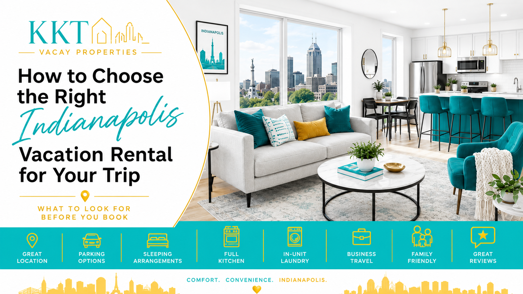 KKT Vacay Properties graphic showing a modern Indianapolis vacation rental with skyline view and tips for choosing the right stay, including location, parking, sleeping arrangements, kitchen, laundry, business travel, family-friendly features, and reviews. KKT Vacay Properties graphic showing a modern Indianapolis vacation rental with skyline view and tips for choosing the right stay, including location, parking, sleeping arrangements, kitchen, laundry, business travel, family-friendly features, and reviews.