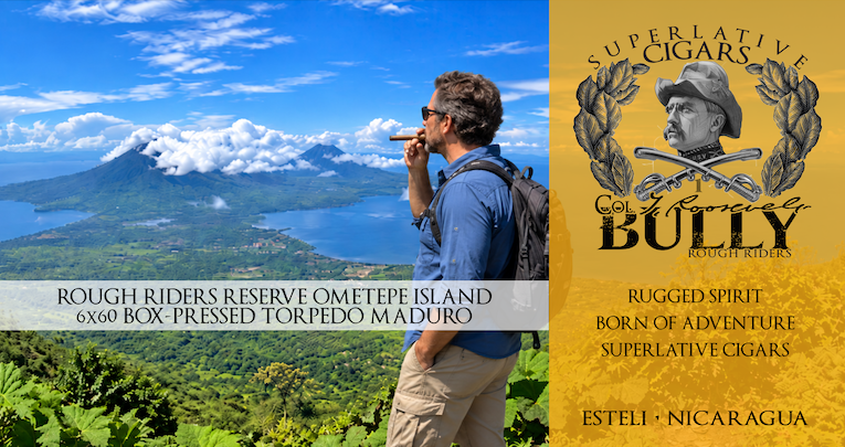 BULLY Rough Riders Reserve Ometepe Island 6x60 box-pressed torpedo Maduro cigar. A man enjoys a cigar overlooking Ometepe Island, Nicaragua.