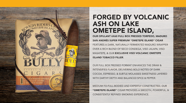 BULLY Ometepe Island 6x60 box-pressed torpedo Maduro cigar beside its Rough Riders package, with blend and tasting details.