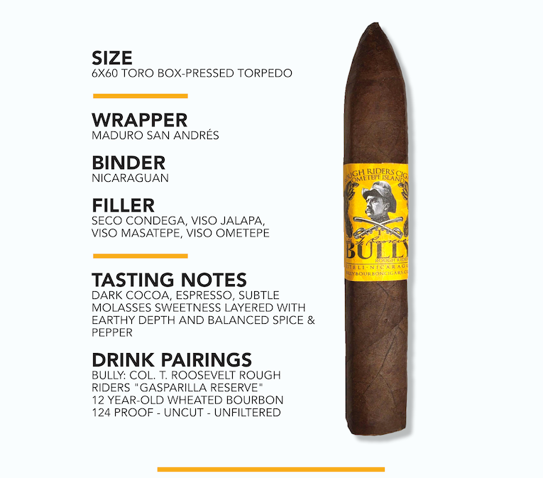BULLY Ometepe Island Maduro cigar size, wrapper, binder, filler, tasting notes, and bourbon pairing details.