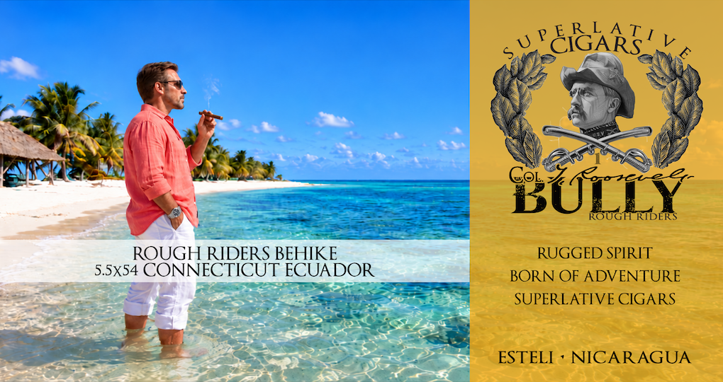 BULLY Rough Riders Behike 5.5x54 Connecticut Ecuador cigar. A man in a coral shirt enjoys a cigar while standing in clear water beside a tropical beach.