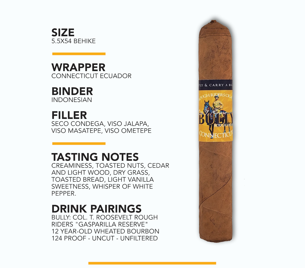 BULLY 5.5x54 Behike cigar with Connecticut Ecuador wrapper, Indonesian binder, Seco Condega, Viso Jalapa, Viso Masatepe and Viso Ometepe filler, tasting notes, and Gasparilla Reserve bourbon pairing.