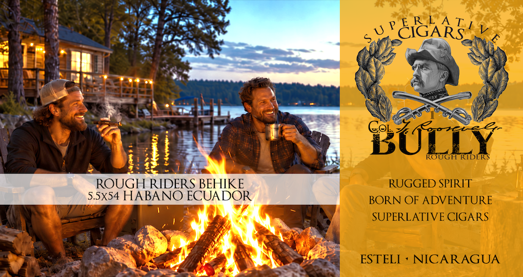 BULLY Rough Riders Behike 5.5x54 Habano Ecuador cigar. Two friends enjoy a cigar and drinks beside a lakeside campfire.