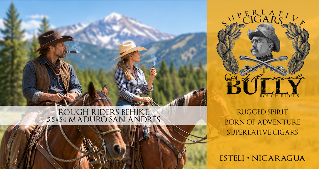 BULLY Rough Riders Behike 5.5x54 Maduro San Andrés cigar. A man and woman enjoy cigars while riding horses in the mountains.