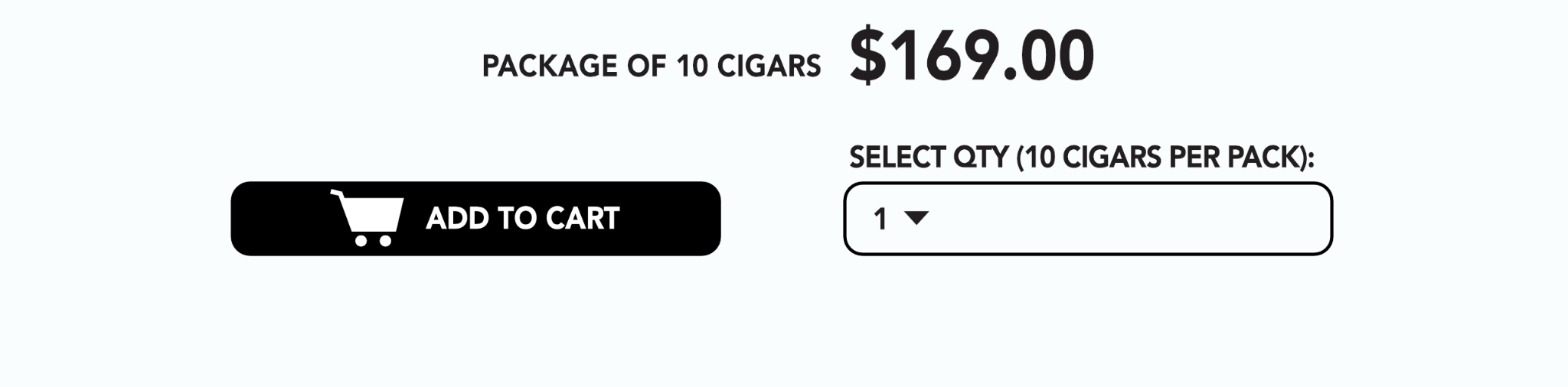 Package of 10 BULLY Behike Habano cigars for $169, with add-to-cart and quantity selection.