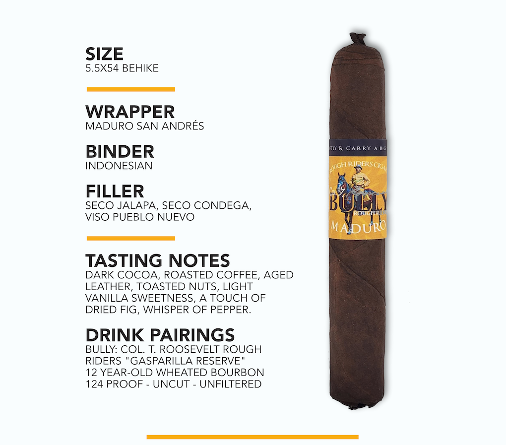 BULLY 5.5x54 Behike Maduro cigar with its Maduro San Andrés wrapper, Indonesian binder, Seco Jalapa, Seco Condega and Viso Pueblo Nuevo filler, tasting notes, and Gasparilla Reserve bourbon pairing.