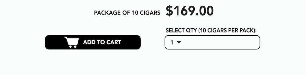 Package of 10 BULLY Behike Maduro cigars for $169, with add-to-cart and quantity selection.