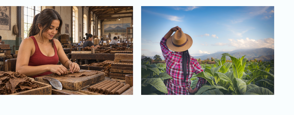 A woman hand-rolling a cigar at a wooden workbench in a cigar factory, beside a woman wearing a straw hat among green tobacco plants with mountains in the distance.
