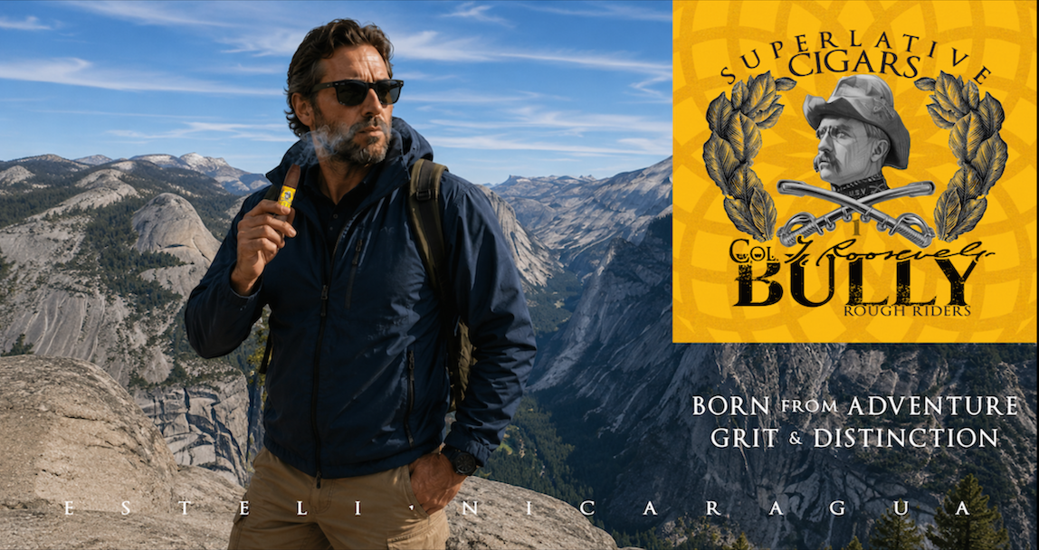 BULLY Superlative Cigars. A man enjoying a cigar in the mountains beside the gold BULLY Rough Riders logo. Born from Adventure. Grit and Distinction. Estelí, Nicaragua.