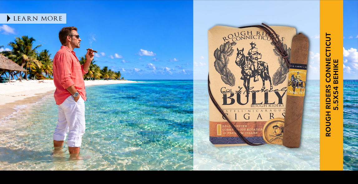 BULLY Rough Riders Connecticut cigar ten-pack and cigar beside a man enjoying a cigar on a tropical beach