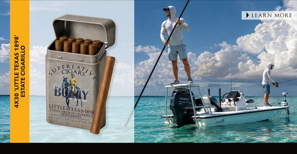 BULLY Little Texas 1898 Estate Treacle Habano cigarillo tin and cigar beside fishermen on a boat in turquoise water.