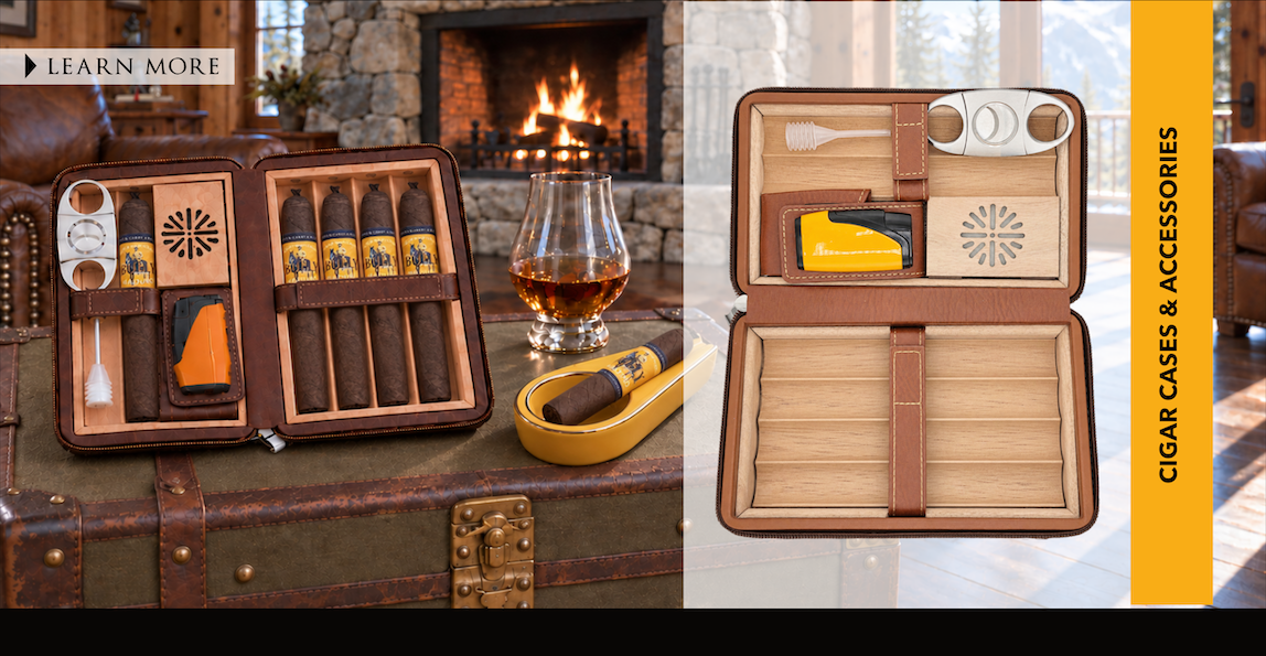 BULLY cigar cases and accessories: a leather cigar case, yellow ashtray and glass beside a cabin fireplace, with an open case showing its cedar compartments, cutter and lighter.