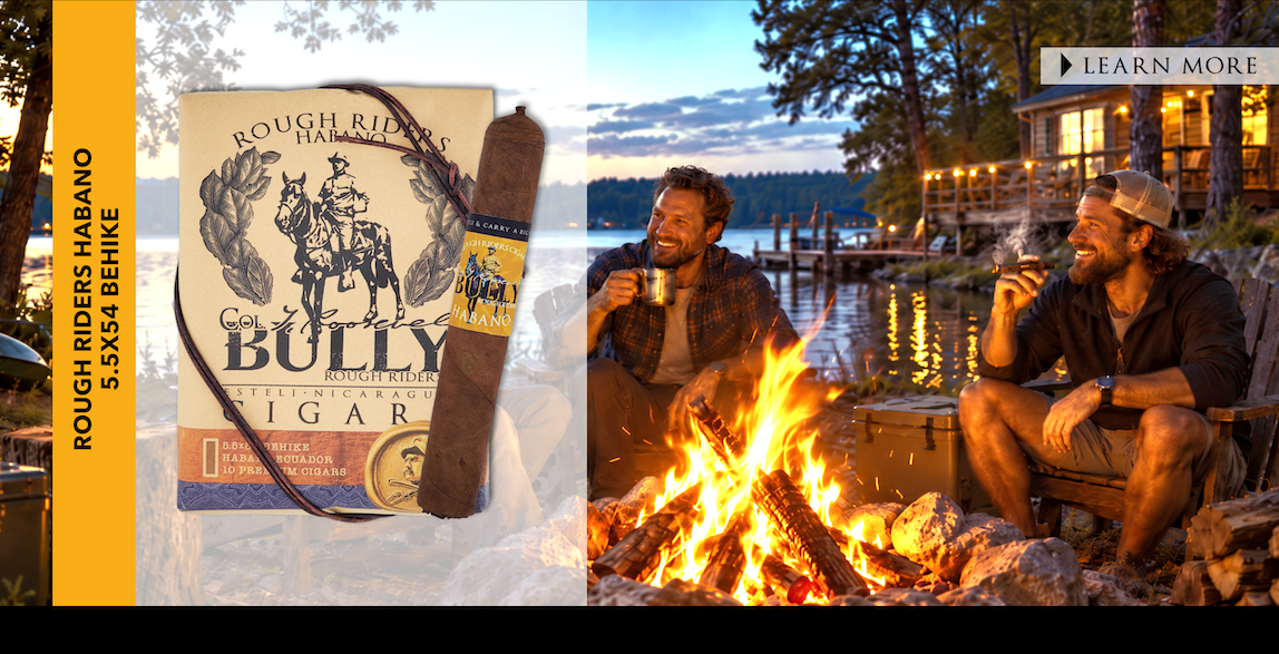 BULLY Rough Riders Habano cigar ten-pack and cigar beside friends enjoying a lakeside campfire