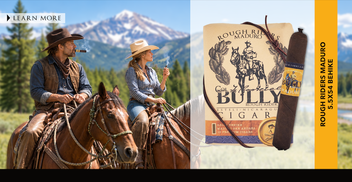 BULLY Rough Riders Maduro cigar ten-pack and cigar beside horseback riders in the mountains