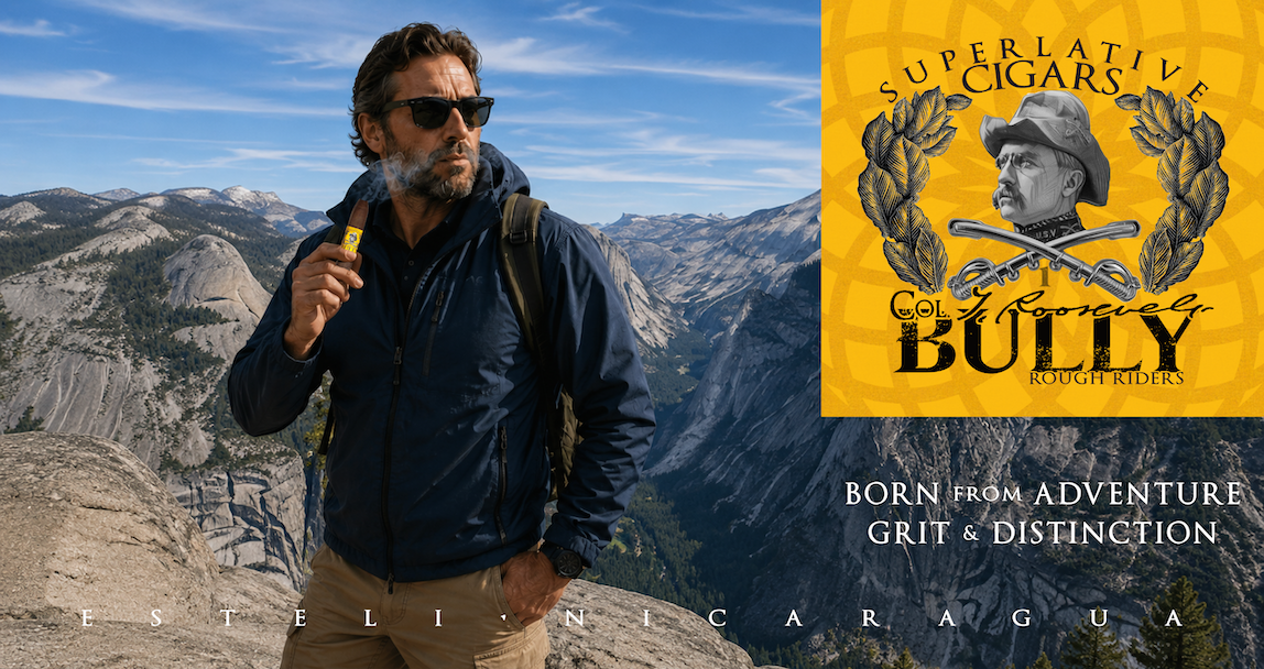 BULLY Rough Riders Superlative Cigars — Born from Adventure, Grit & Distinction. A man holding a cigar above the mountains beside the BULLY logo.