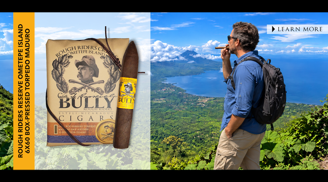 Rough Riders Reserve Ometepe Island Maduro box-pressed torpedo cigar overlooking Ometepe Island