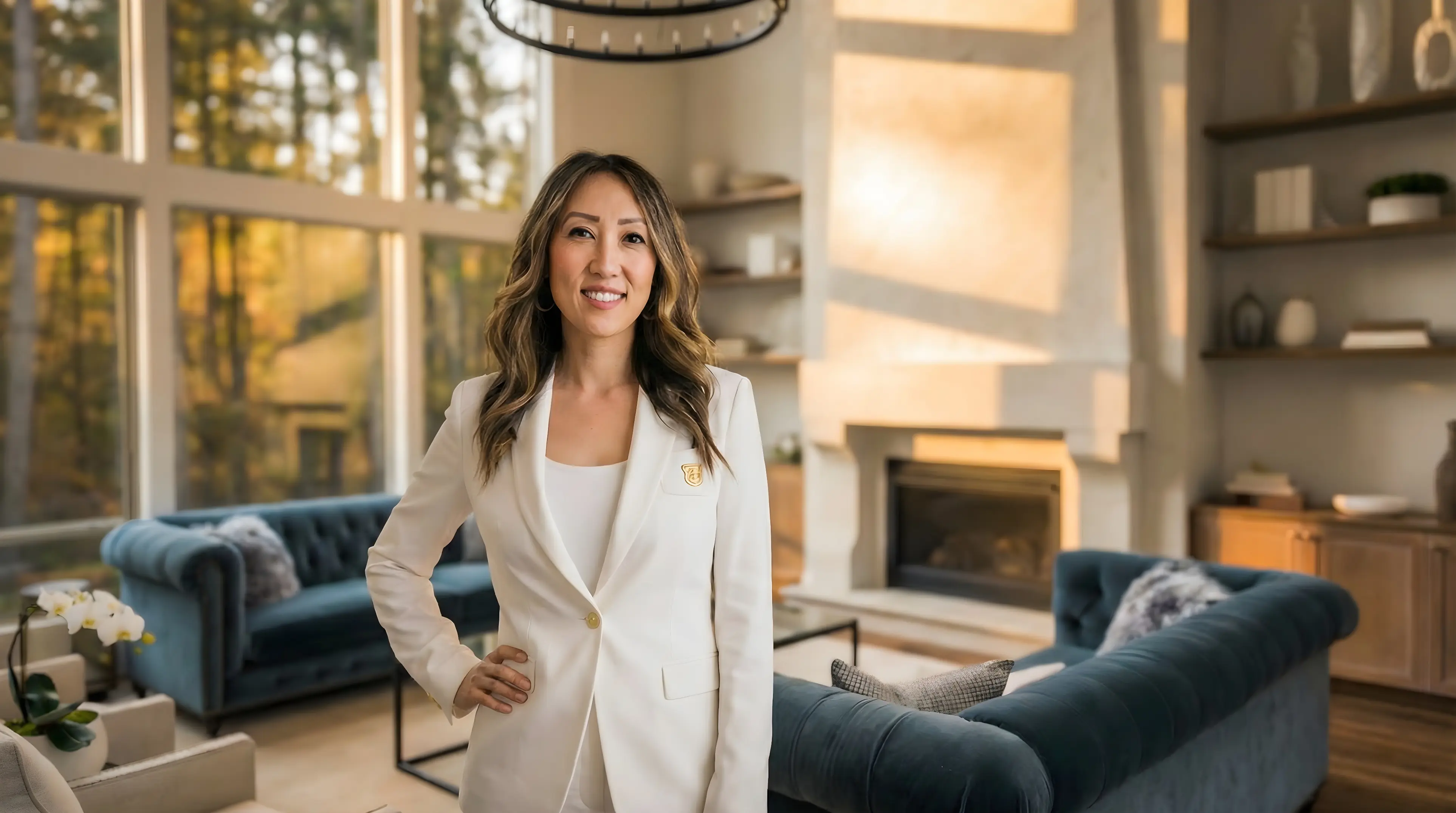 A woman, MyLee Corona Realtor, standing center frame with white suit and smile. Background of a luxury living room with fireplace, chairs and blue couches.