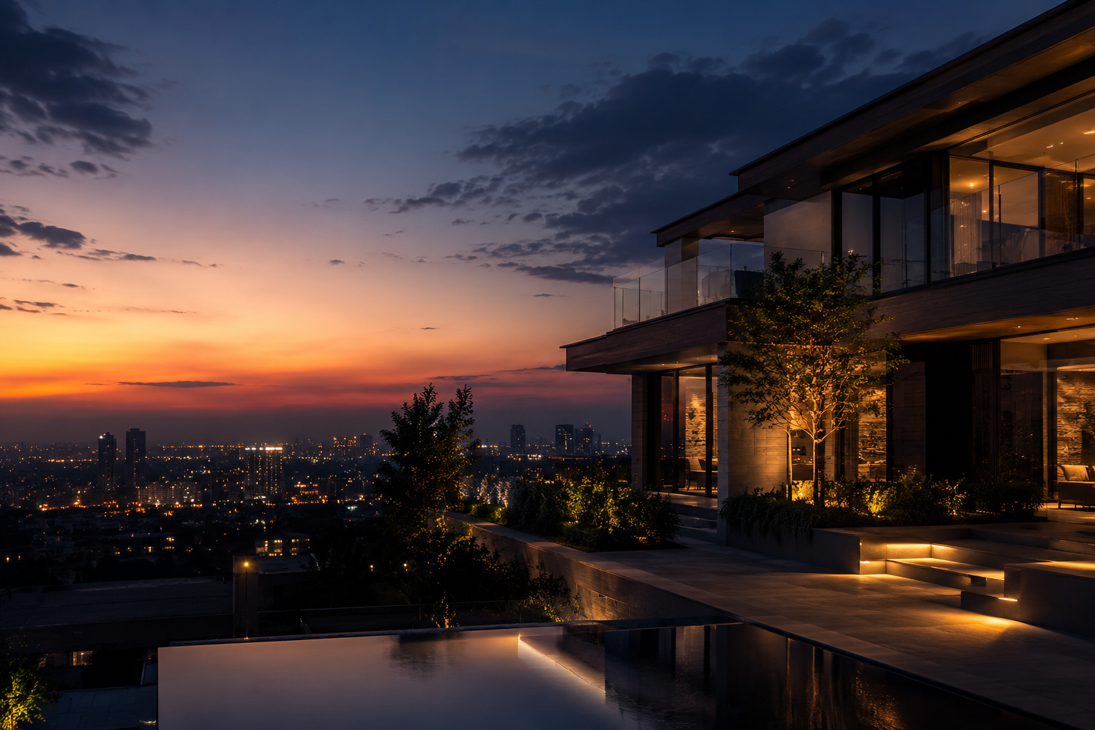 Contemporary dark-clad residence at dusk among mature trees, warm interior light glowing
