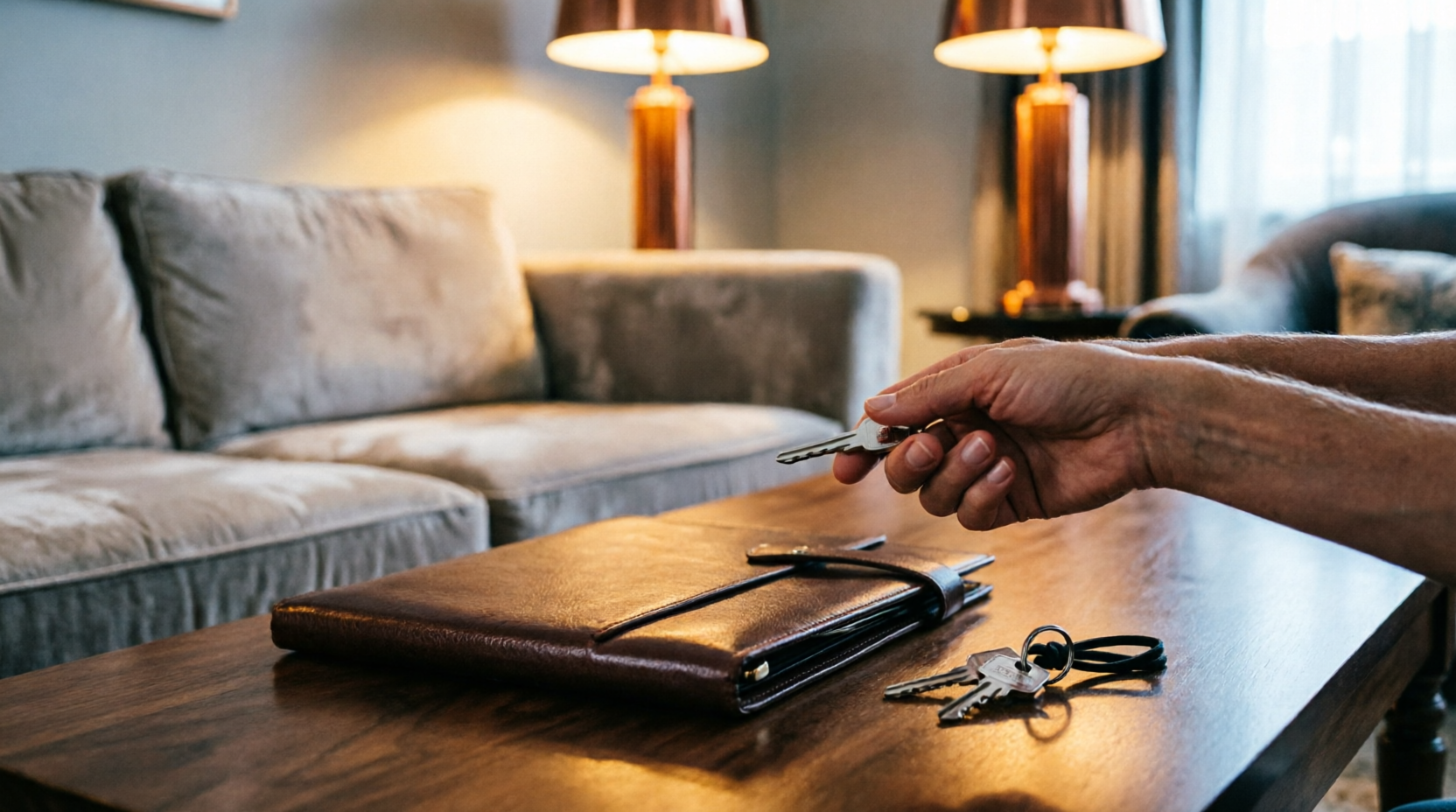 Keys held out over a leather document portfolio in a warm evening interior — the quiet final moment of the sale