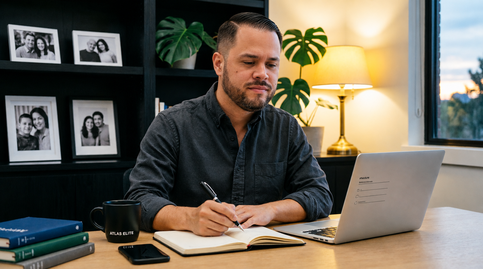 An agent on a client call in a professional office